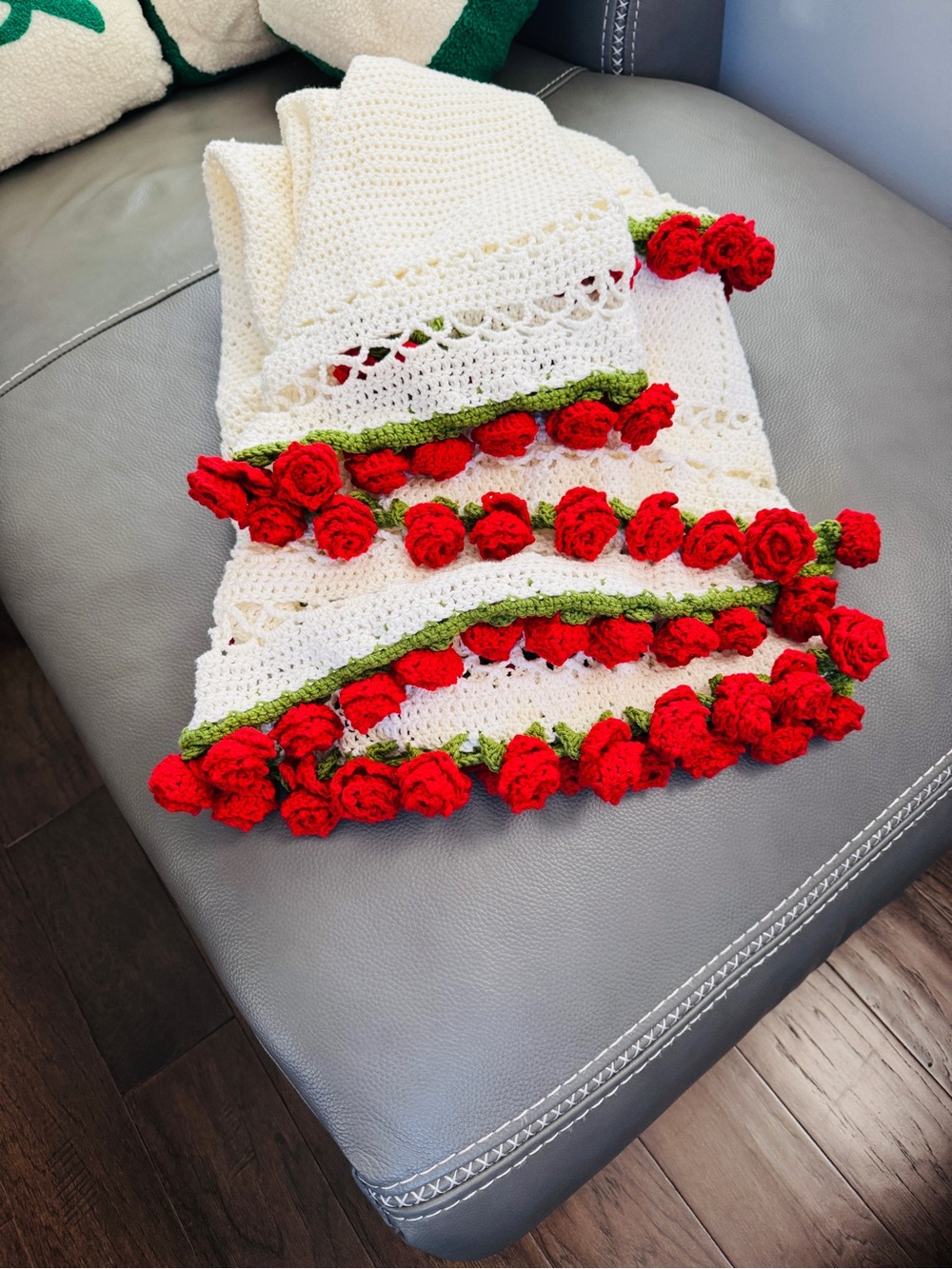 Handmade White Crochet Throw with Red Rose Trim